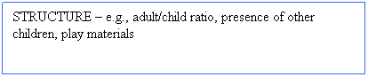 Text Box: STRUCTURE  e.g., adult/child ratio, presence of other children, play materials
